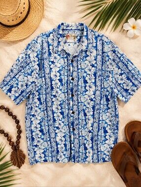 Hilo Hattie Blue White Button Camp/hawaiian Short Sleeve Shirt. Mens XL